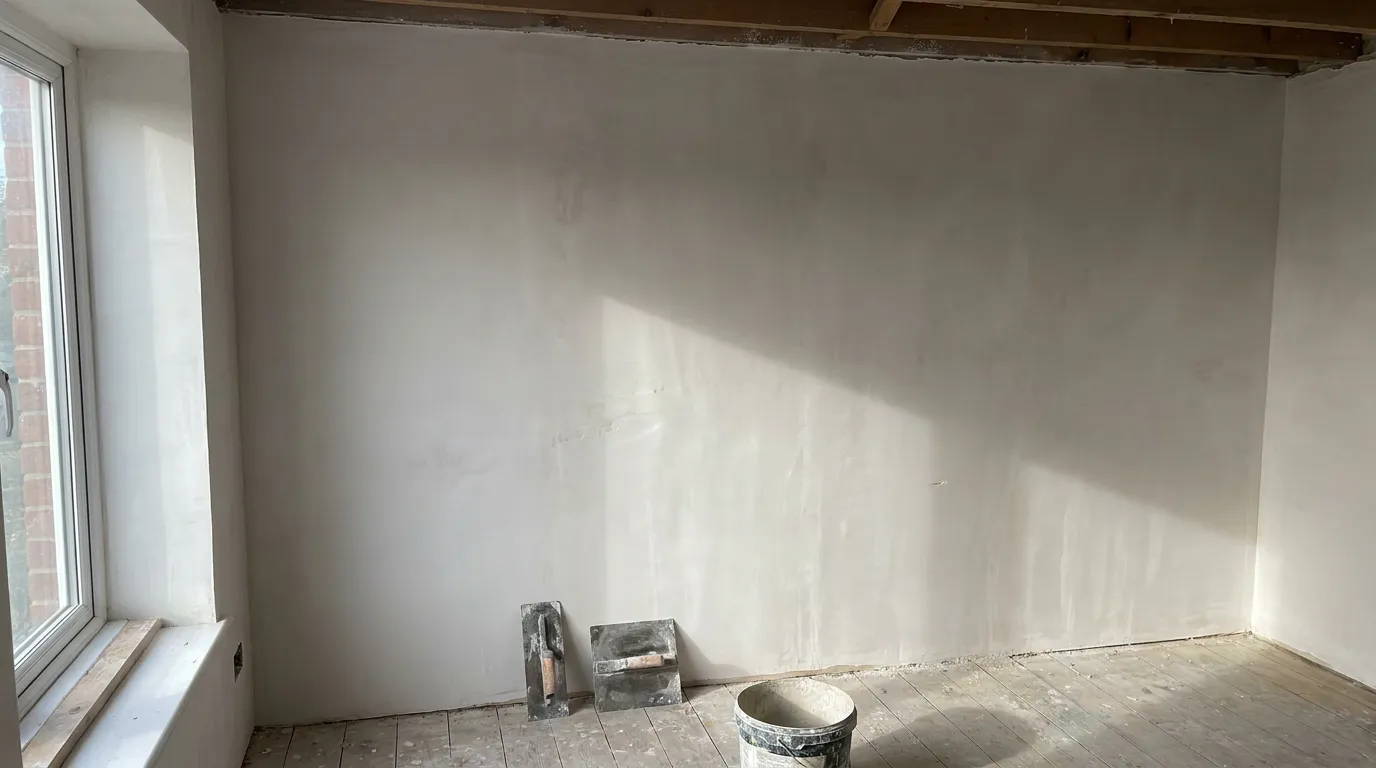 Pas geplakte muur met een gladde witte pleisterlaag, spaan en pleisterbak op de vloer, licht van het raam op de muur